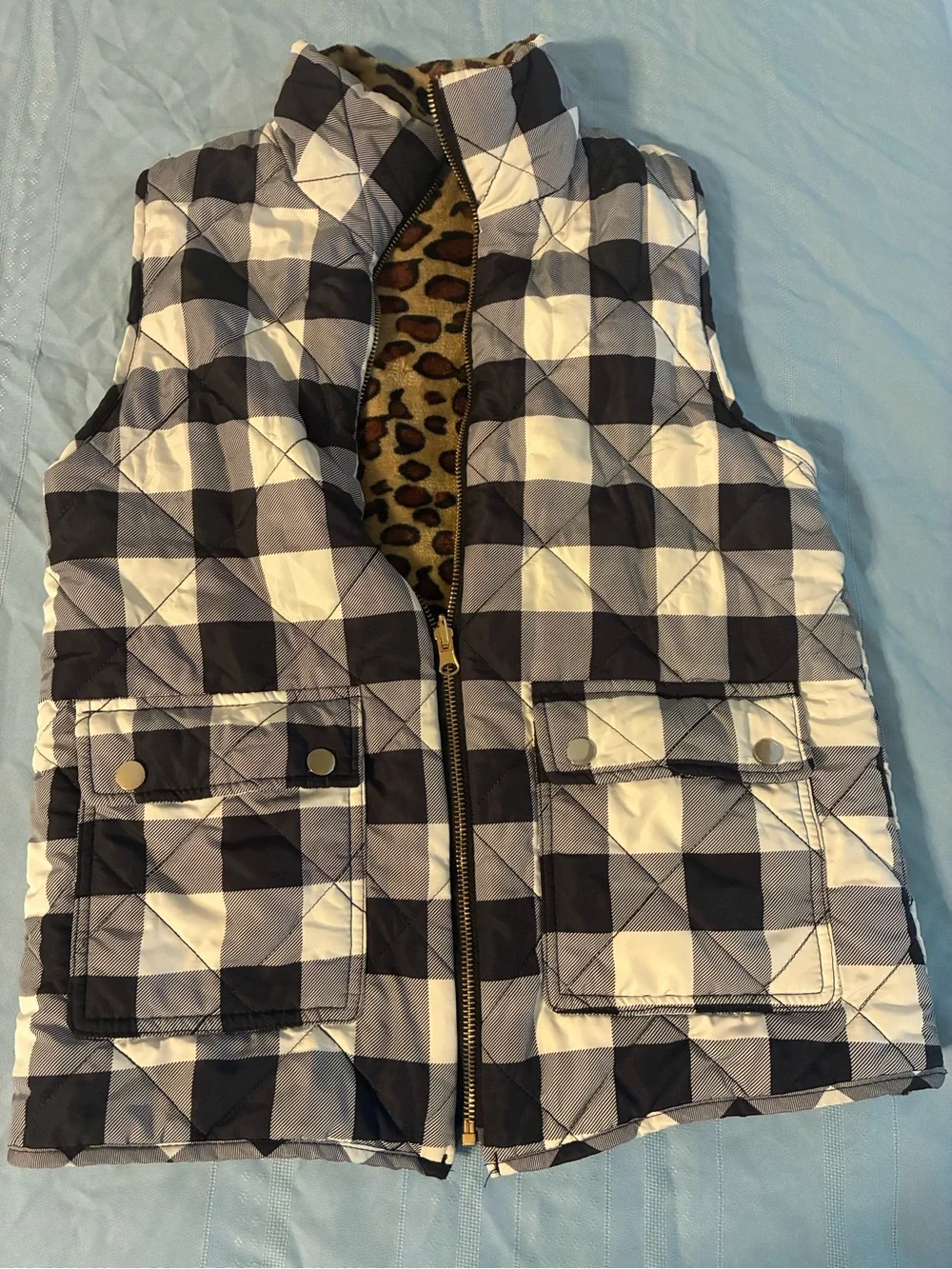 Girl’s Plaid Quilted Vest with Leopard Lining